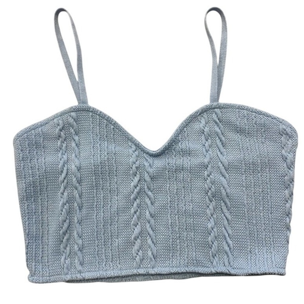 Zara Cable Knit Crop Top Light Blue Sweetheart Neck Sleeveless Medium
